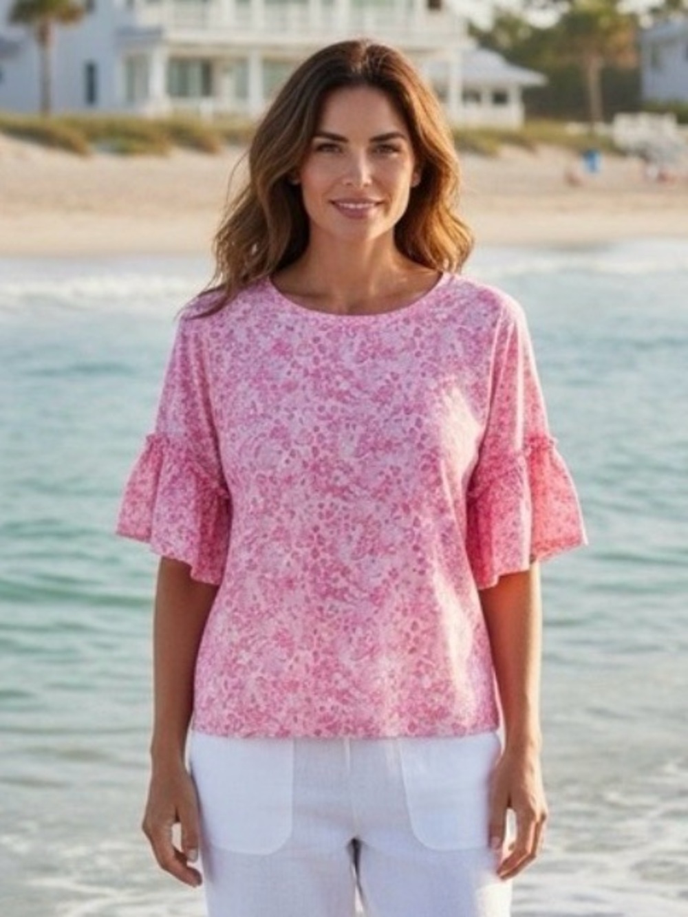 Lilly Pulitzer Pink Floral Ruffle-Sleeve Blouse